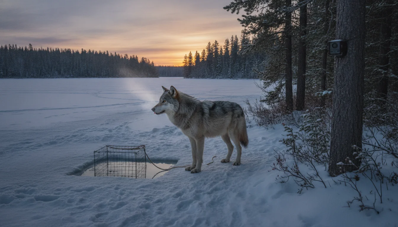 In Kanada setzt ein cleverer Wolf Forscher an der Fischfalle schachmatt