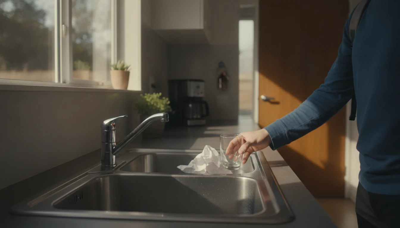 Bevor ich das Haus verlasse, lege ich gezielt ein Glas und Papier in die Spüle: eine simple, aber erstaunlich clevere Gewohnheit
